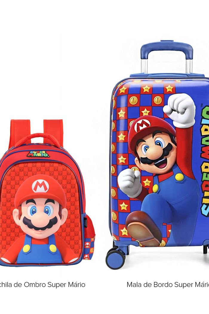 Conjunto de Mala de Bordo 10 kg e Mochila Infantil Super Mario