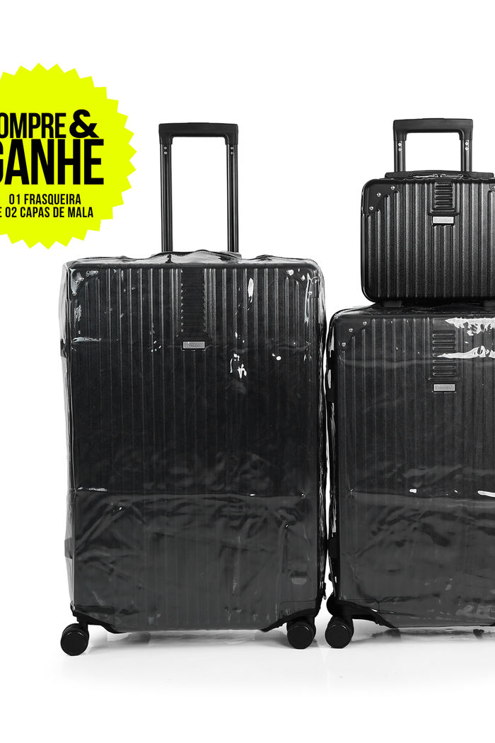 Compre Kit de Malas de Viagem Toronto Preto Media 23kg, Grande 32kg e Frasqueira e Leve 2 Capas Transparentes Preto