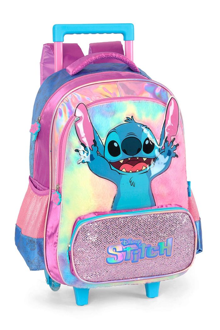 Mochila com Rodinhas Escolar Infanti Stitch Happy em Plush com Glitter Roxo 