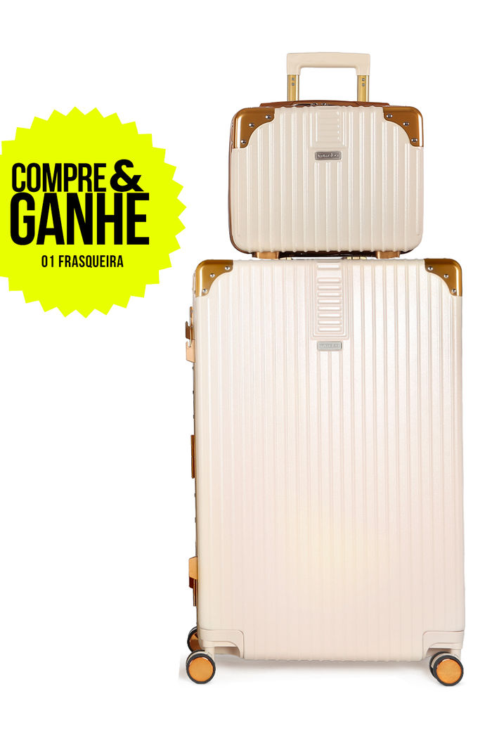 Compre Mala de Viagem Toronto Bege Grande 32kg em ABS Policarbonato e Ganhe Frasqueira