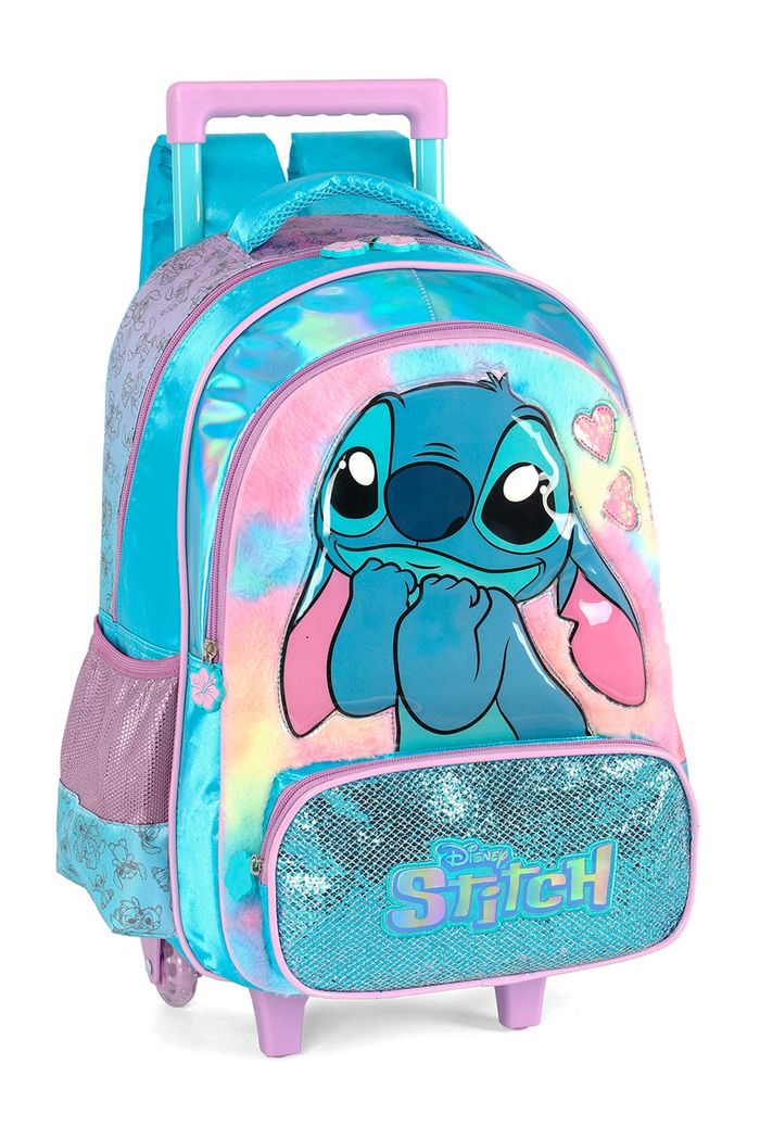 Mochila com Rodinhas Escolar Infanti Stitch Happy em Plush com Glitter Azul