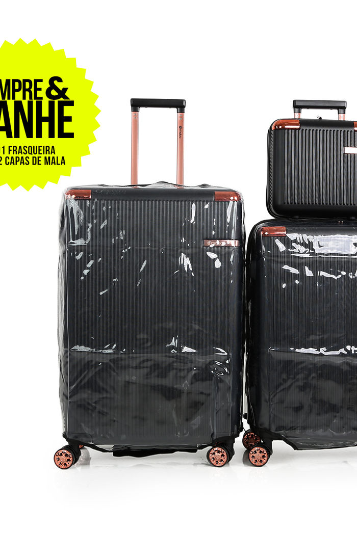 Compre Kit de Malas de Viagem Croácia Preto Media 23kg, Grande 32kg, Frasqueira e Leve Capa de Mala Transparente M e G