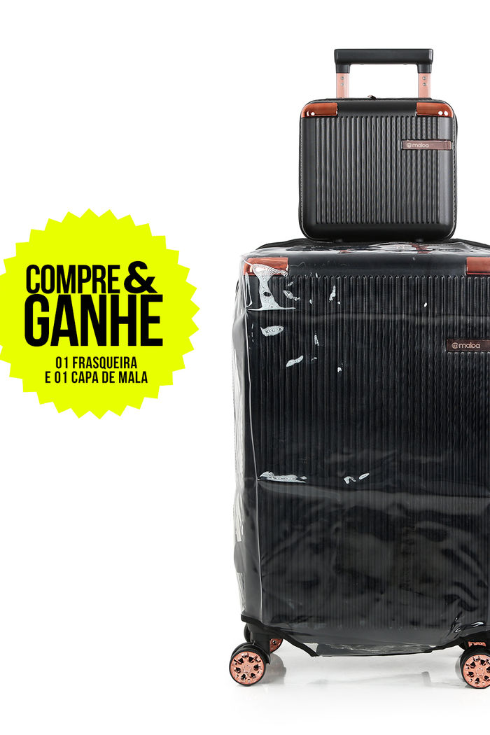 Compre Mala de Viagem Croácia Preta Grande 32kg em ABS e Ganhe Frasqueira e Capa Transparente