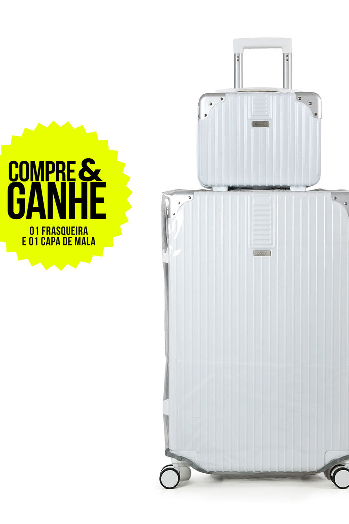 Compre Mala de Viagem Toronto Branco Grande 32kg em ABS Policarbonato e Ganhe Frasqueira e Capa Transparente
