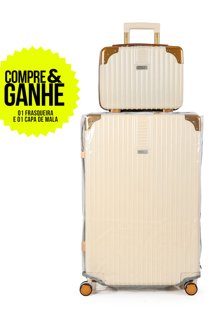 Compre Mala de Viagem Toronto Bege Grande 32kg em ABS Policarbonato e Ganhe Frasqueira e Capa Transparente