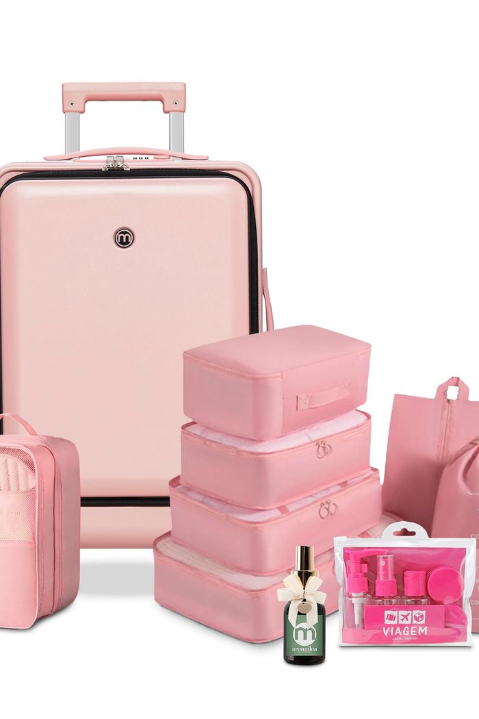 Kit de Mala Pequena de Bordo 10 kg Bélgica Rosa, Kit Frascos 7 Pecas, Organizador Sapato, Organizador Colorful Life e Home Spray Aroma`loa