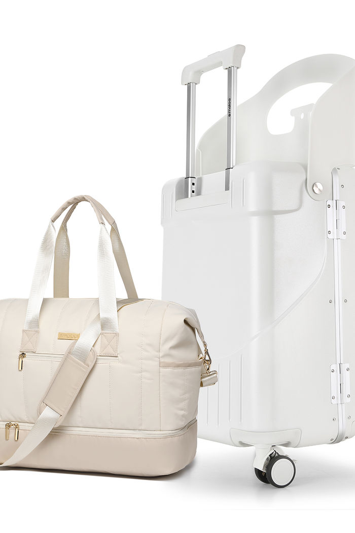 Kit de Mala de Viagem Pequena Grécia Branco com Assento Infantil e Bolsa de Viagem Multifuncional Nomad Bege
