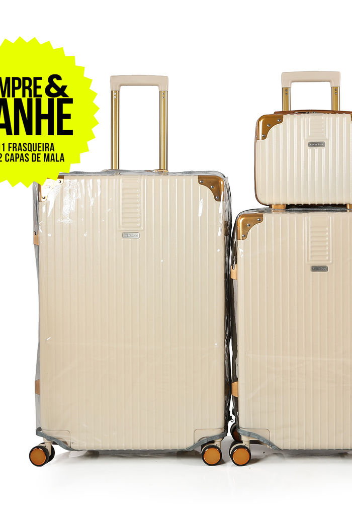 Compre Kit de Malas de Viagem Toronto Bege Media 23kg, Grande 32kg e Frasqueira e GANHE 2 Capas Transparentes Cinza