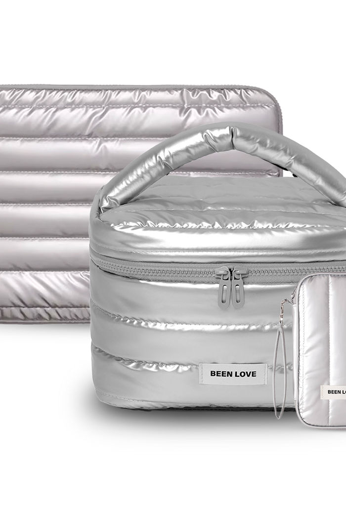 Kit de Acessórios Multifuncional com Necessaire, Porta Passaporte e Porta Notebook 14 Polegadas Puffer Maloa Prata