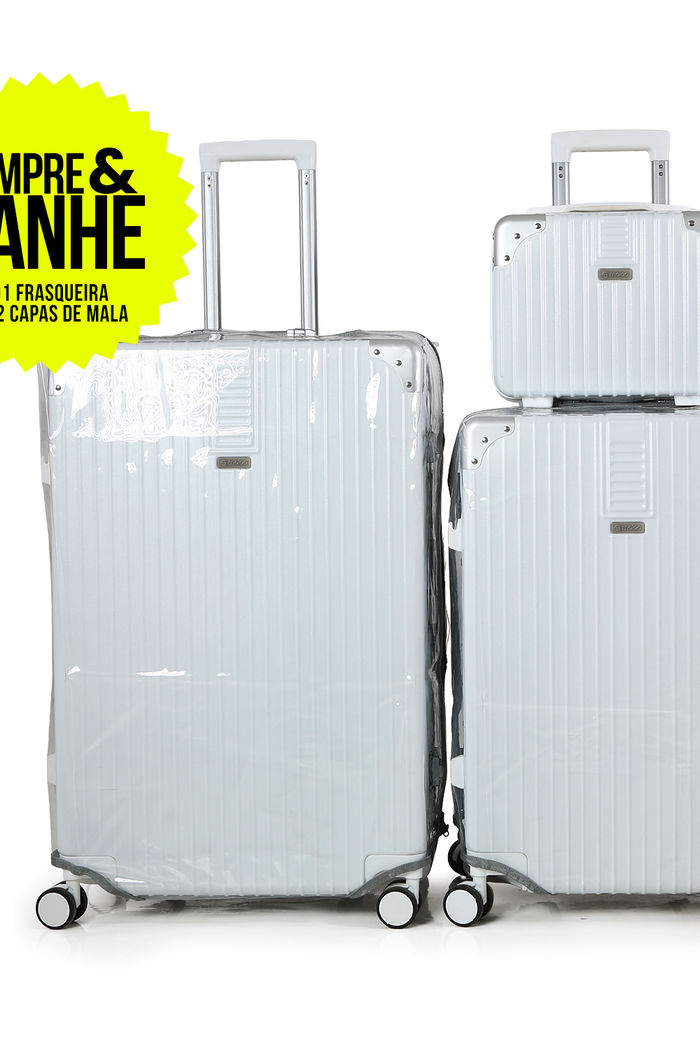 Compre Kit de Malas de Viagem Toronto Branca Media 23kg, Grande 32kg e Frasqueira e GANHE 2 Capas Transparentes Cinza