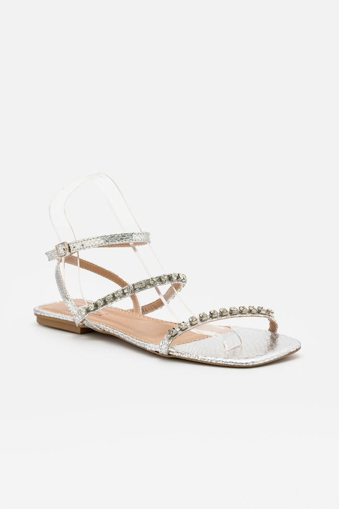 Rasteira com Tiras Delicadas e Strass Prata