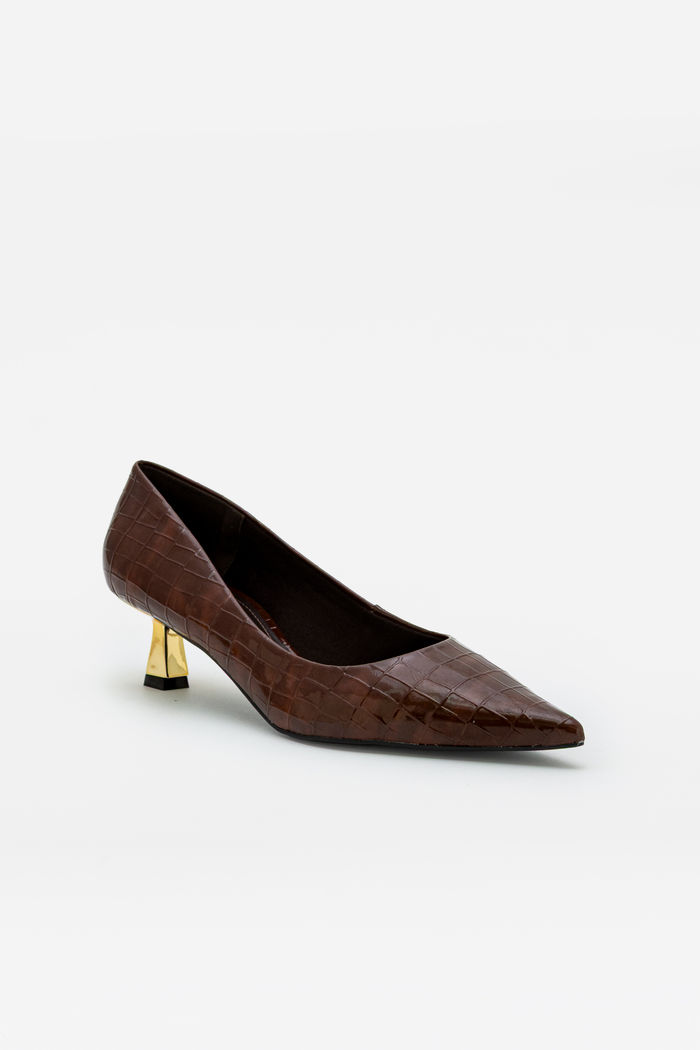 Scarpin em Croco Verniz com Salto Cromado Marrom
