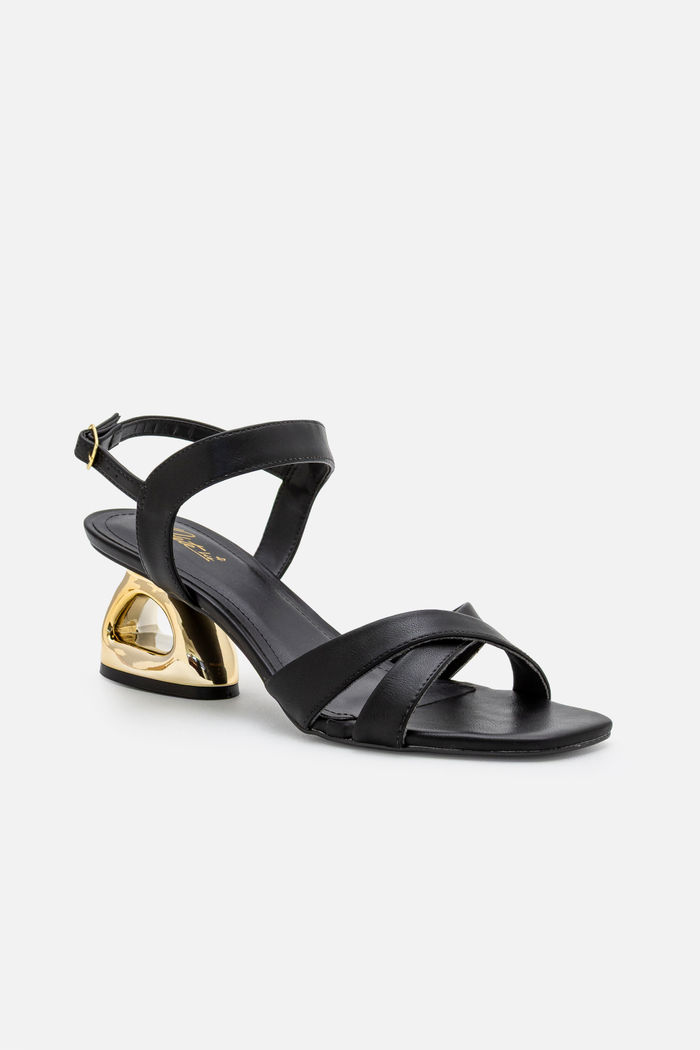 Sandália com Tiras Cruzadas e Salto Cromado Preta