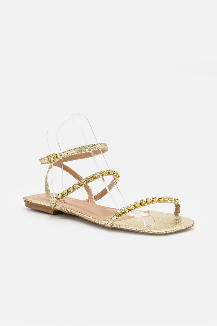 Rasteira com Tiras Delicadas e Strass Ouro