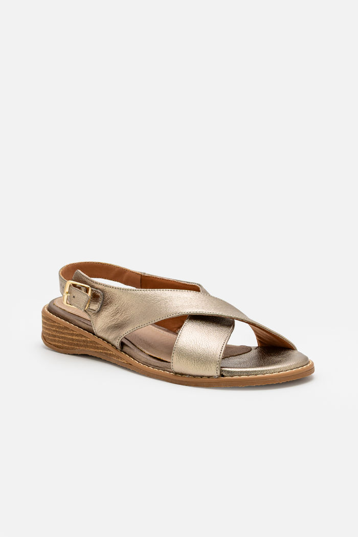 Sandália em Couro com Tiras Largas Anabela Champagne