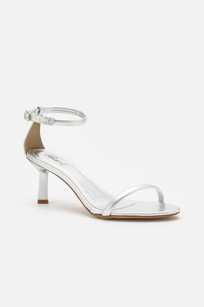 Sandália Delicada com Tira Fina com Salto Geométrico Prata