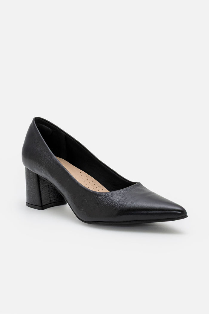 Scarpin Clássico em Couro com Salto Bloco Preto