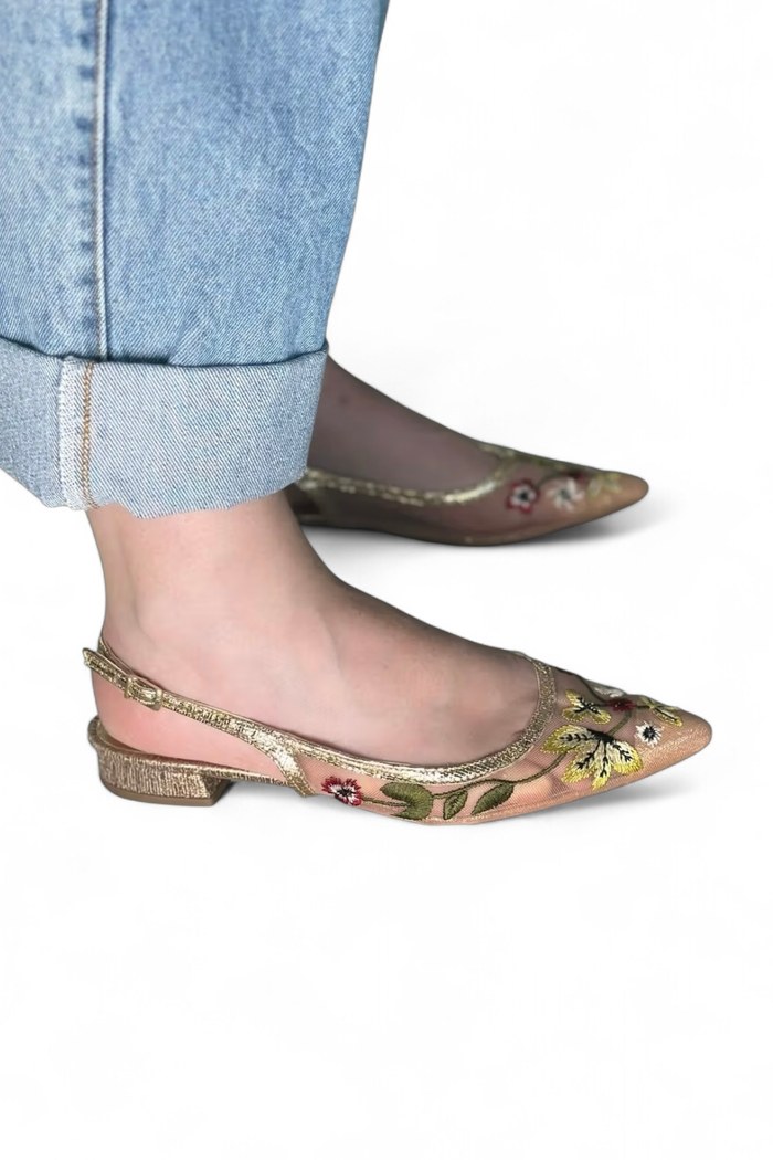 LÉA - SAPATILHA SLINGBACK TELA BORDADA ROSÉ GOLD