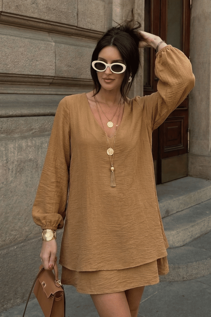 VESTIDO DUPLO MANGA LONGA - MASCAVO