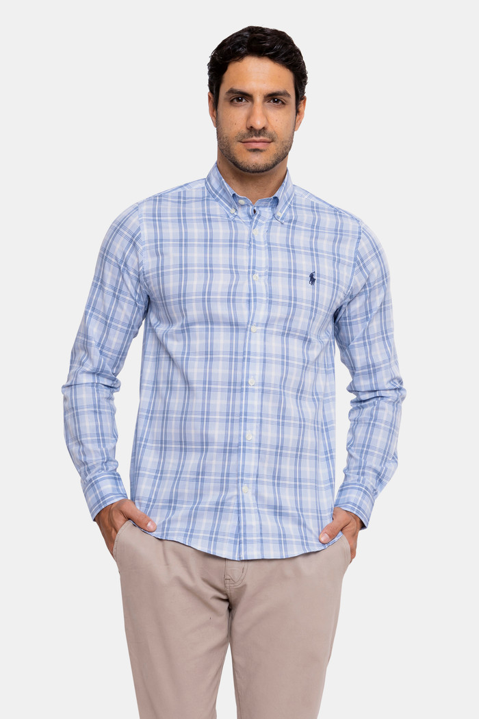 Camisa Ralph Lauren Custom Fit Tricoline Navy Icon Xadrez Azul Claro