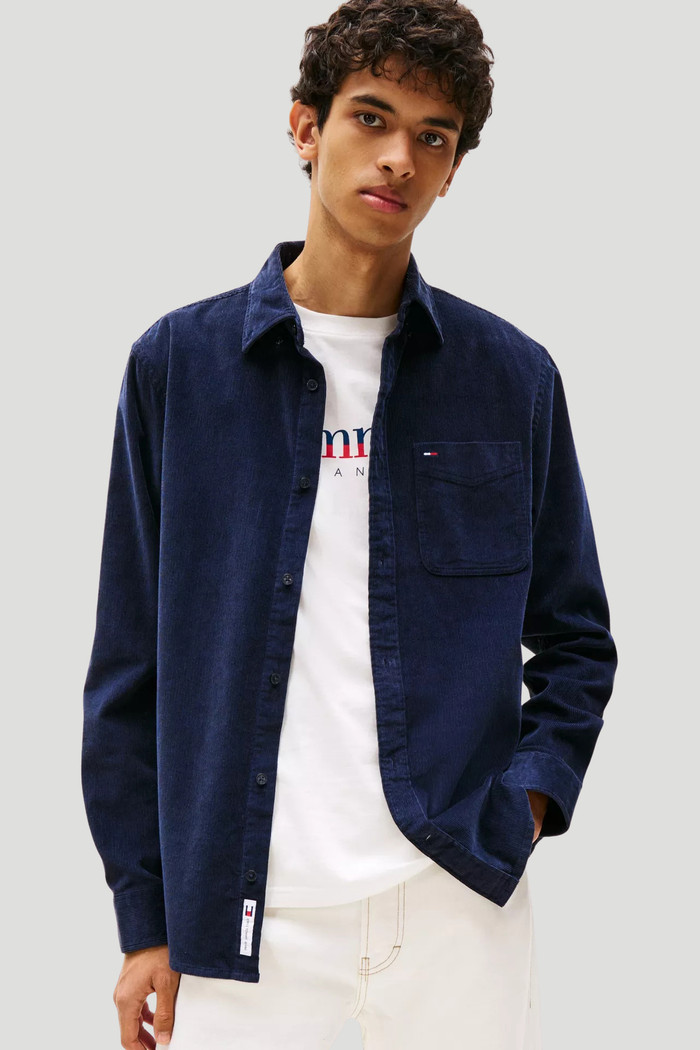 Camisa Tommy Jeans Masculina Regular Cotelê Baby Cord Shirt Azul Marinho