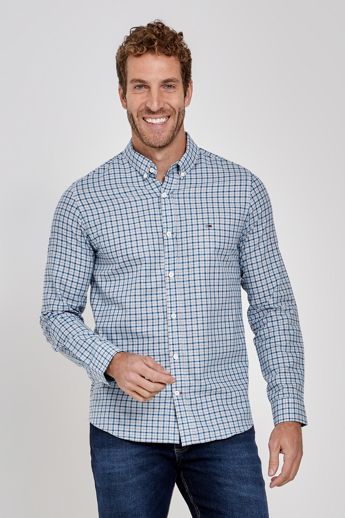 Camisa Tommy Jeans Masculina Regular Essential Xadrez Grid Oxford Azul/Vinho Frente