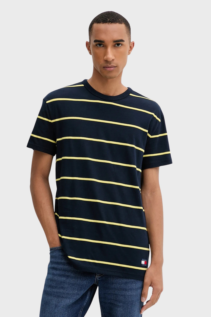 Camiseta Tommy Jeans Regular Reg Textured Stripe Badge Azul Marinho