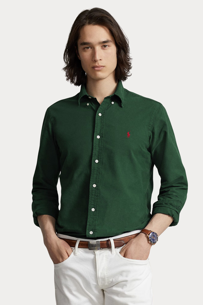 Camisa Ralph Lauren Custom Fit Red Icon Oxford Verde Escuro