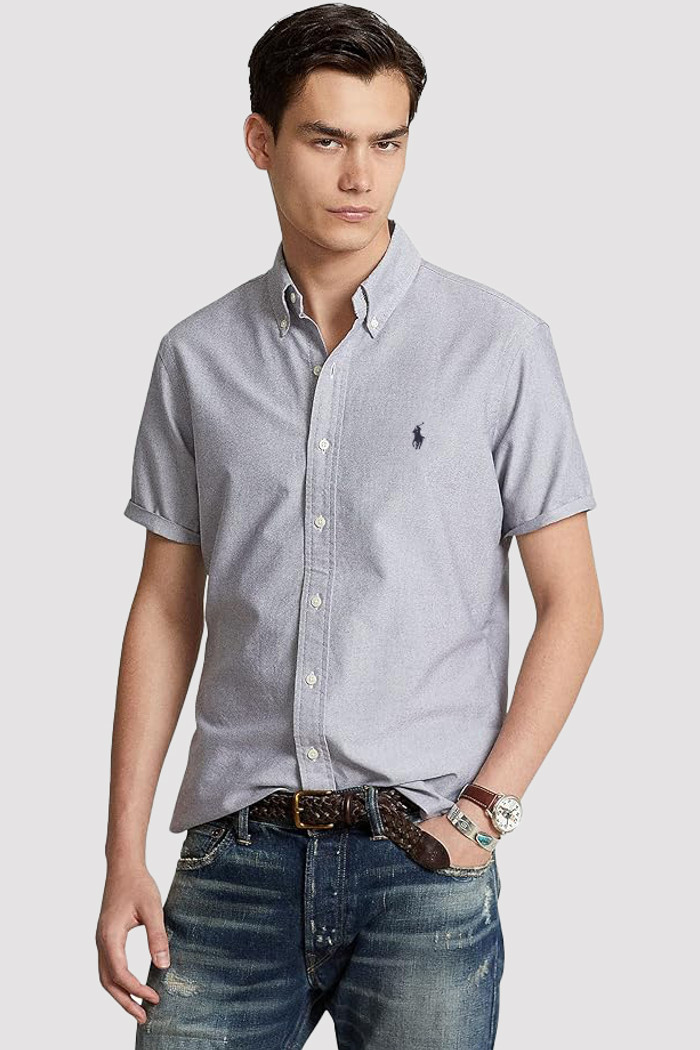 Camisa Ralph Lauren Manga Curta Navy Icon Cotton Oxford Cinza