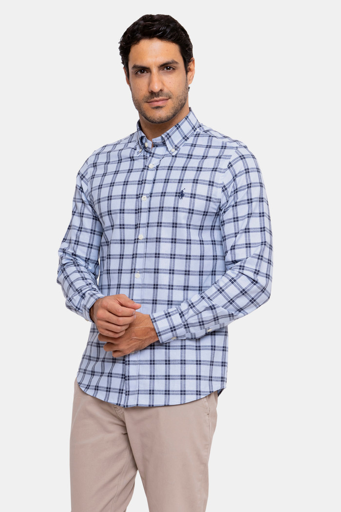 Camisa Ralph Lauren Masculina Custom Fit Navy Icon Xadrez Azul Claro