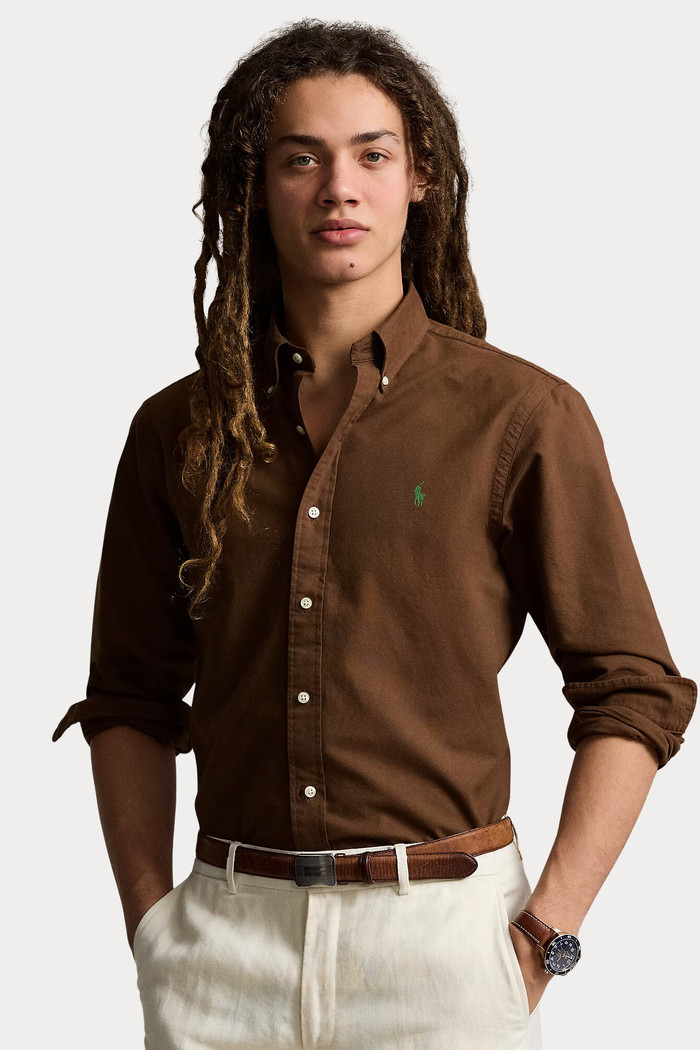 Camisa Ralph Lauren Custom Fit Green Icon Oxford Marrom