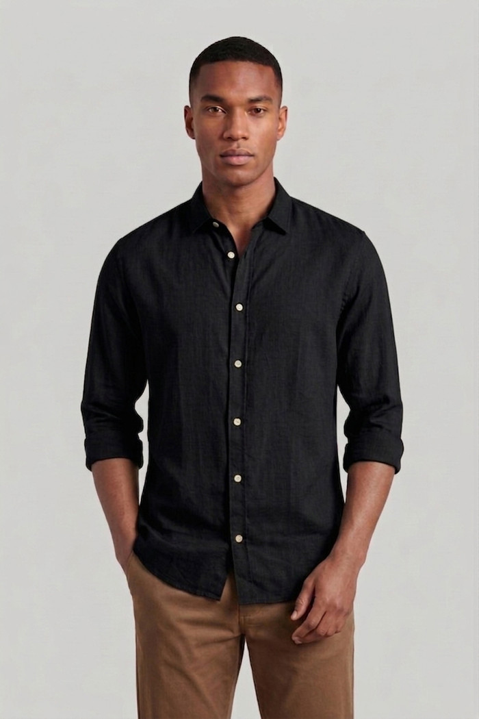 amisa Reserva ML Masculina Regular Como Linho Mescla Preta Frente