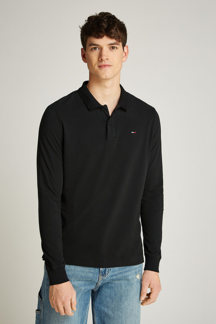 Camisa Polo Tommy Jeans Masculina Manga Longa Slim Placket Preta