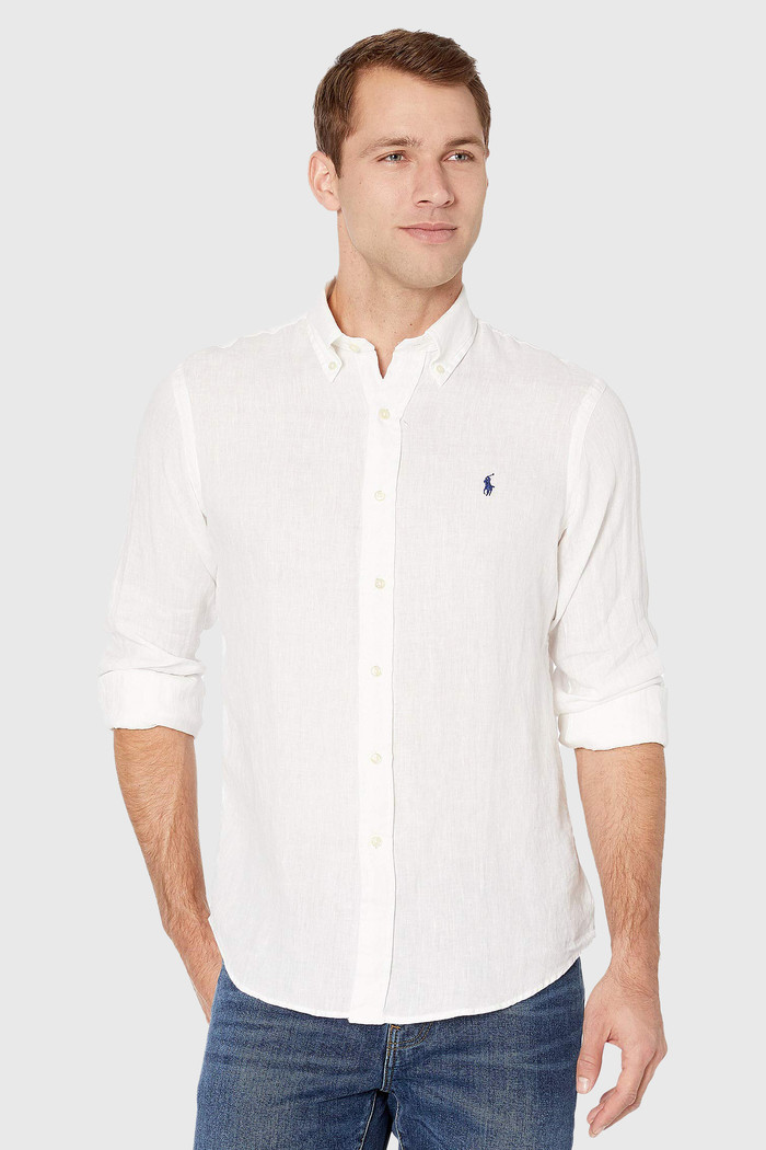 Camisa Ralph Lauren Masculina Custom Fit Navy Icon Linho Branca