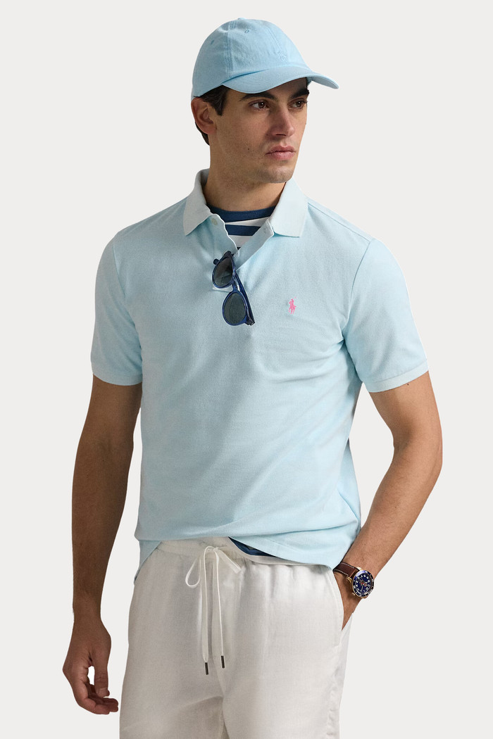 Camisa Polo Ralph Lauren Custom Slim Fit Masculina Pink Icon Azul Claro