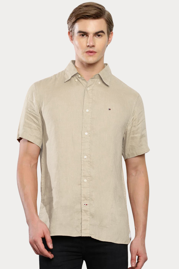 Camisa Tommy Hilfiger Manga Curta Masculina Regular Linho Blend Bege Natural