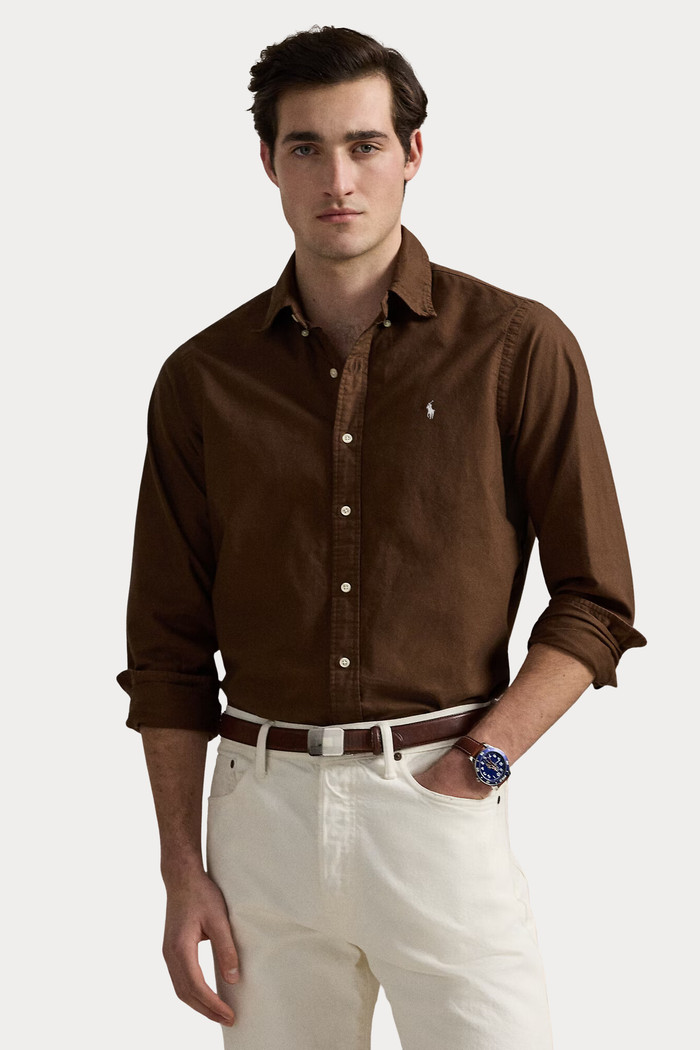 Camisa Ralph Lauren Custom Fit White Icon Oxford Marrom