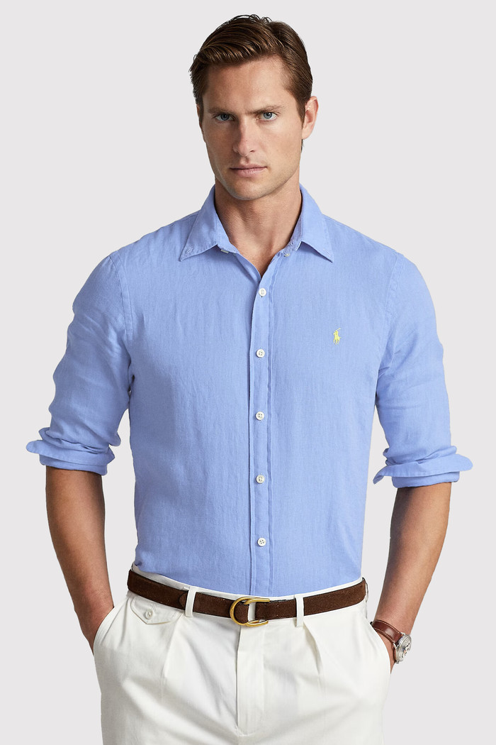 Camisa Ralph Lauren Masculina Custom Fit Yellow Icon Linho Azul Claro