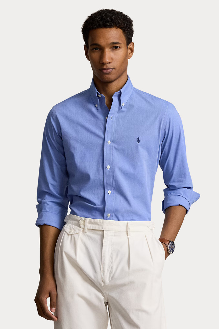 Camisa Ralph Lauren Custom Fit Navy Blue Icon Tricoline Azul Céu