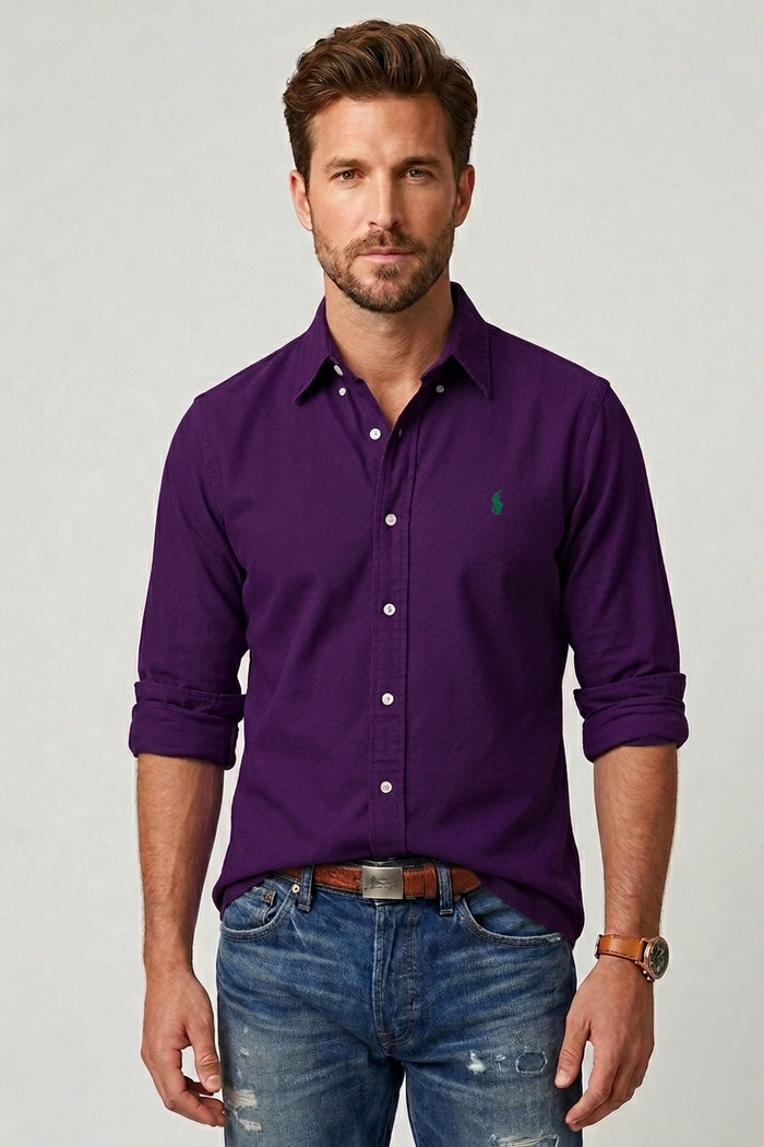 Camisa ML Ralph Lauren Custom Fit Green Icon Oxford Roxo