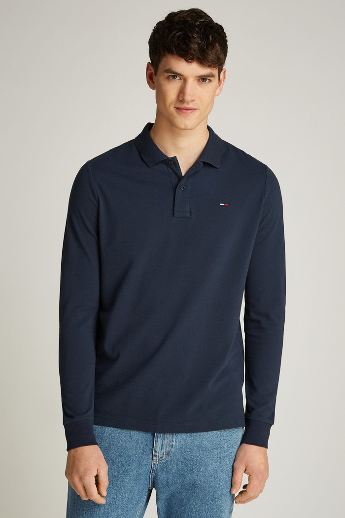 Camisa Polo Tommy Jeans Masculina Manga Longa Slim Placket Azul Marinho