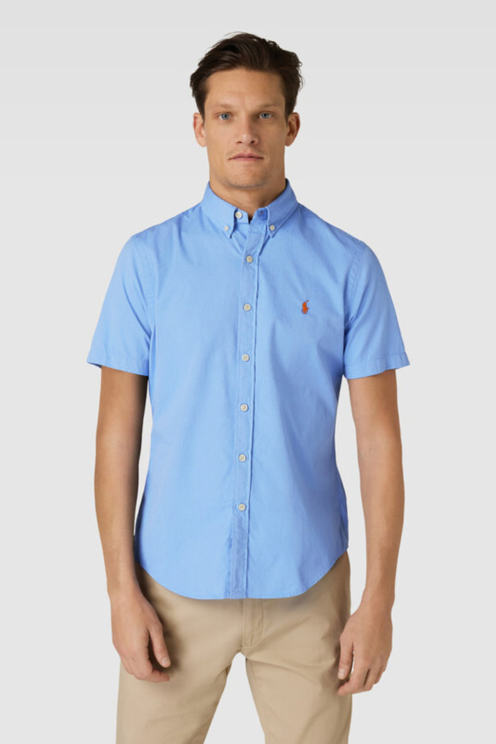 Camisa Ralph Lauren Manga Curta Orange Icon Popeline Azul Claro