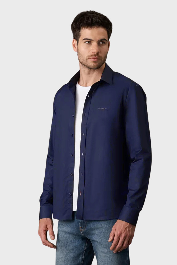Camisa Calvin Klein Jeans Masculina Slim Fit Silk Lettering Azul Marinho