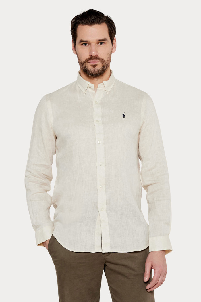 Camisa Ralph Lauren Masculina Custom Fit Navy Icon Linho Creme Off White