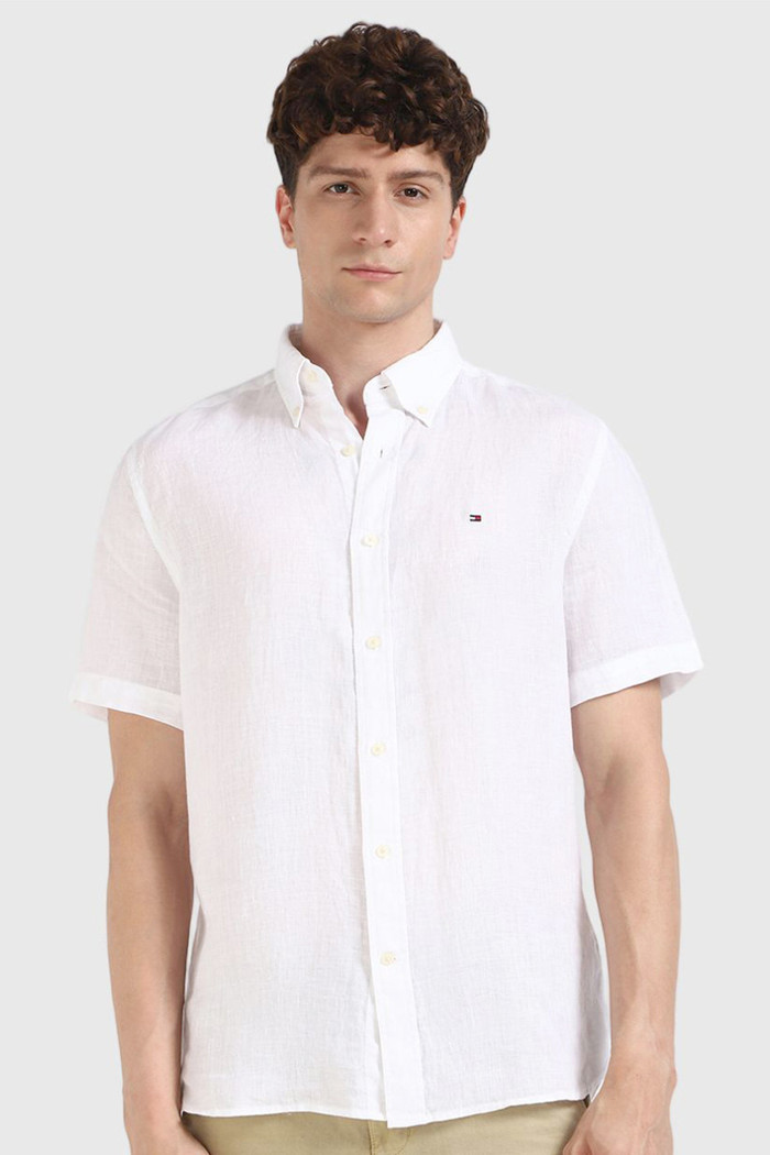 Camisa Tommy Hilfiger Manga Curta Masculina Regular Linho Blend Branca