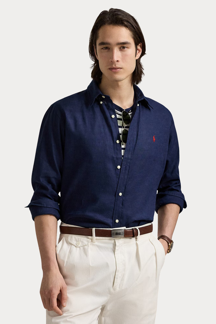 Camisa Ralph Lauren Masculina Custom Fit Red Icon Linho Azul Marinho