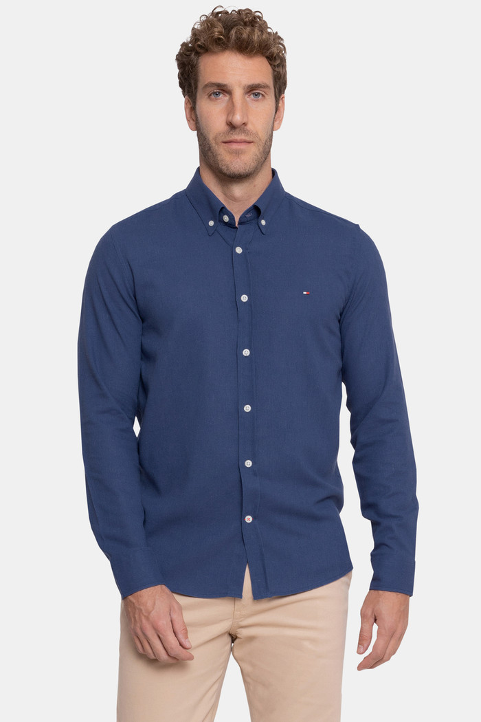 Camisa Tommy Hilfiger Regular Fit Masculina Linho Blend Azul Marinho