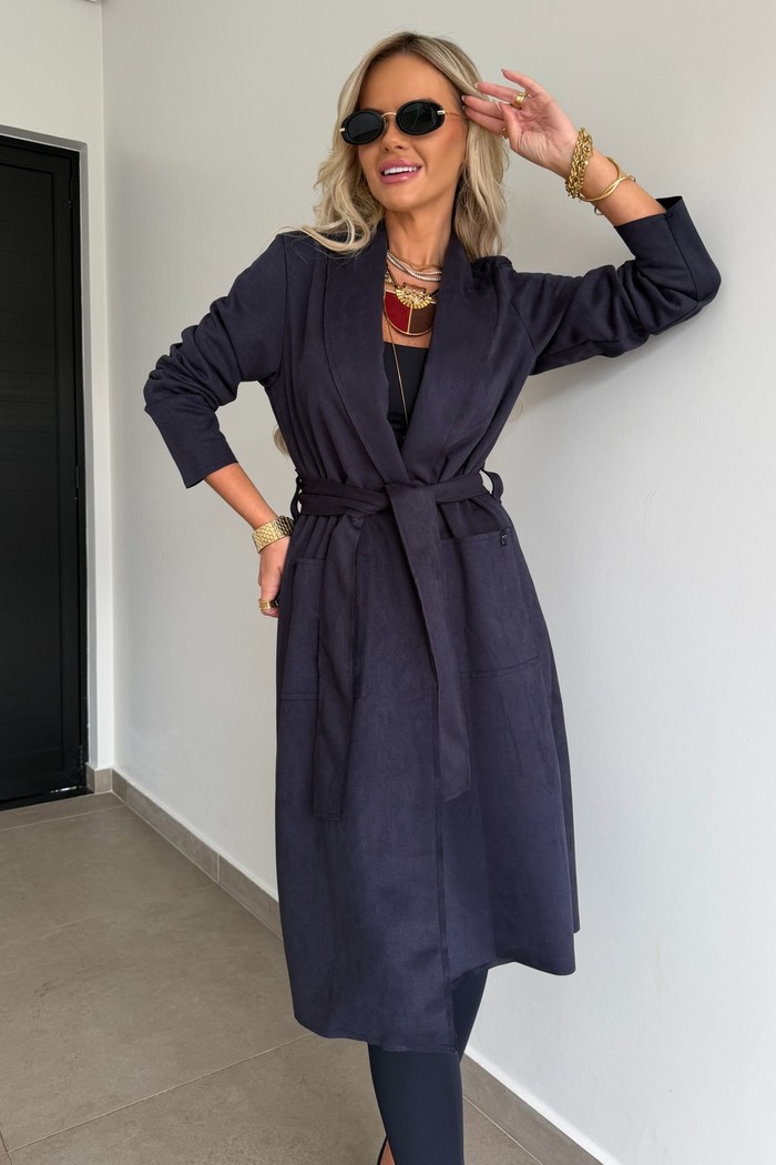 Casaco Longo Suede Azul Marinho