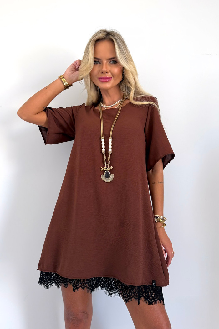 Vestido Curto Manga Curta com Renda Marrom Café
