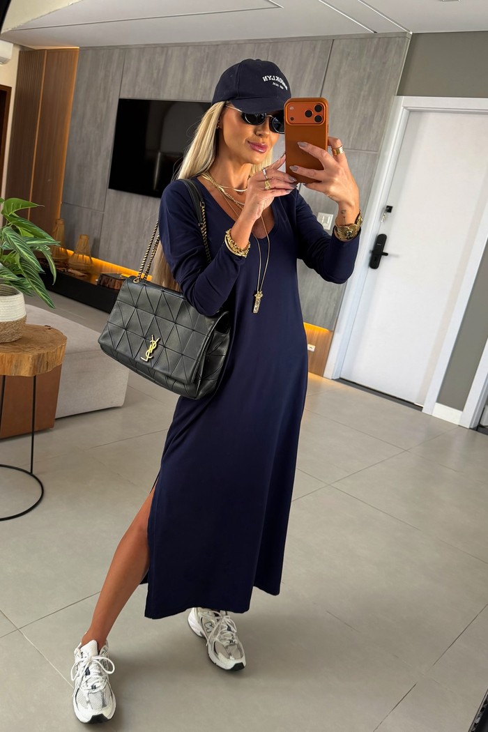 Vestido Midi V Manga Longa Azul Marinho